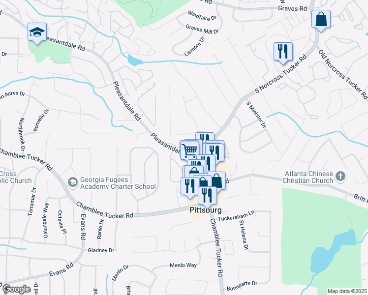 map of restaurants, bars, coffee shops, grocery stores, and more near 225 Bentley Place in Tucker