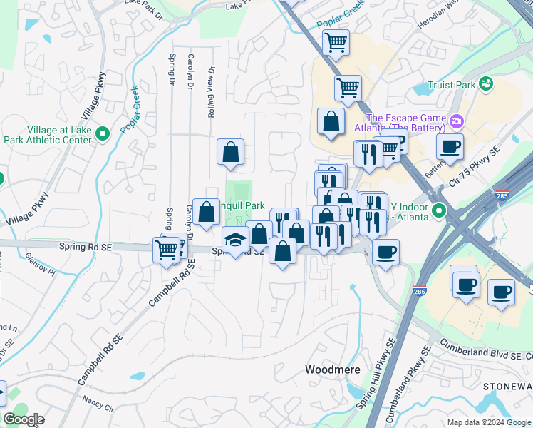 map of restaurants, bars, coffee shops, grocery stores, and more near 1109 Galleria Lane in Smyrna