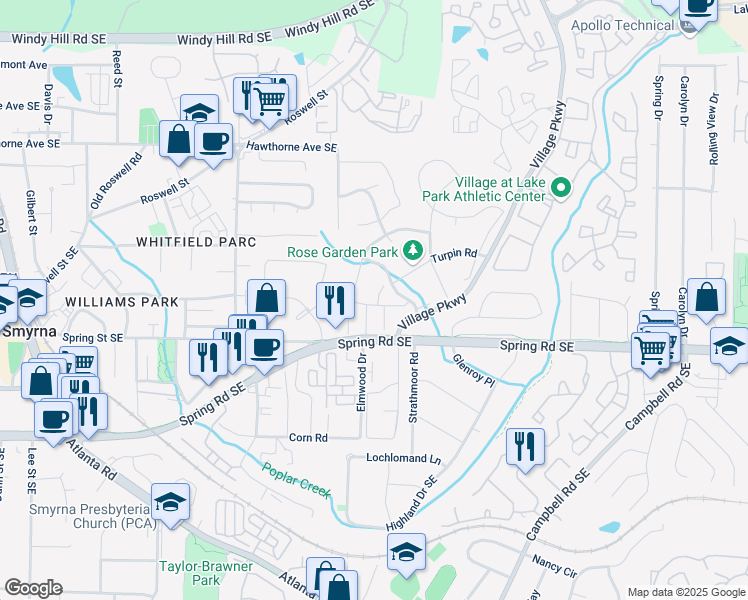 map of restaurants, bars, coffee shops, grocery stores, and more near 1858 Shenandoah Valley Lane Southeast in Smyrna