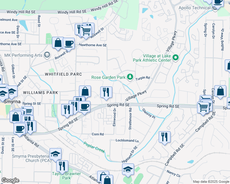 map of restaurants, bars, coffee shops, grocery stores, and more near 1860 Shenandoah Valley Lane Southeast in Smyrna