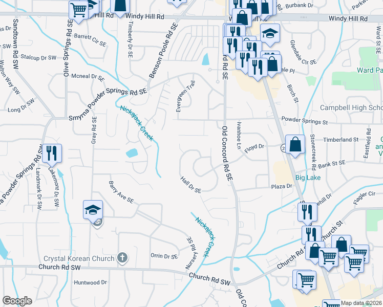 map of restaurants, bars, coffee shops, grocery stores, and more near 2944 Hall Drive Southeast in Smyrna