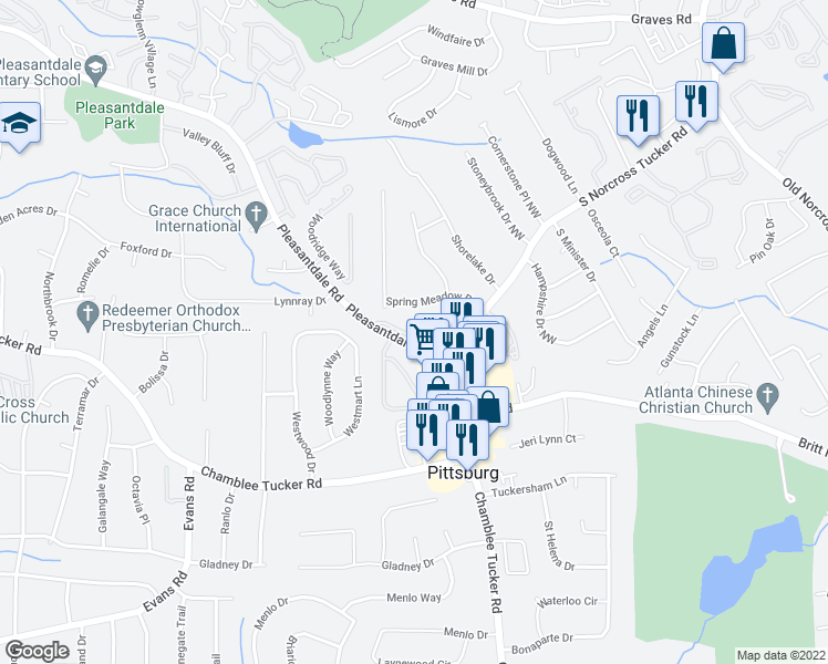 map of restaurants, bars, coffee shops, grocery stores, and more near 225 Bentley Place in Tucker