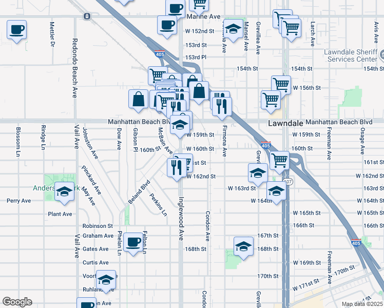 map of restaurants, bars, coffee shops, grocery stores, and more near 4732 West 160th Street in Lawndale