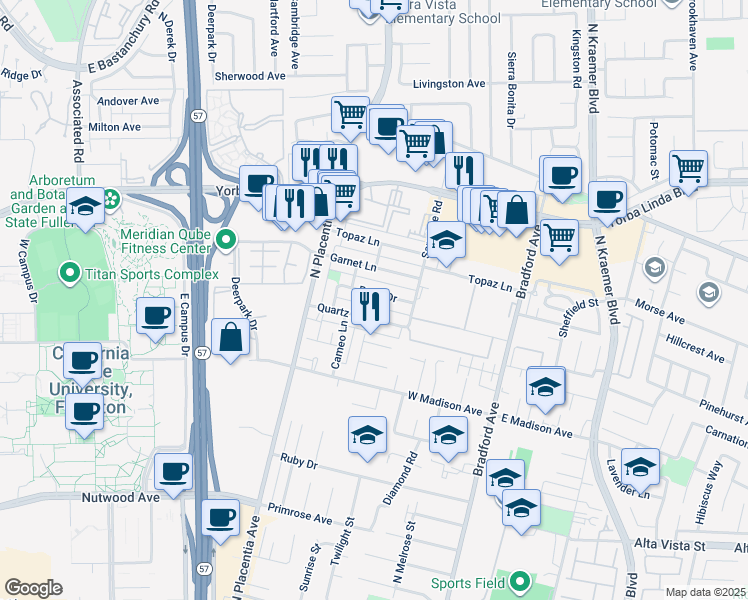 map of restaurants, bars, coffee shops, grocery stores, and more near 3136 Pearl Drive in Fullerton