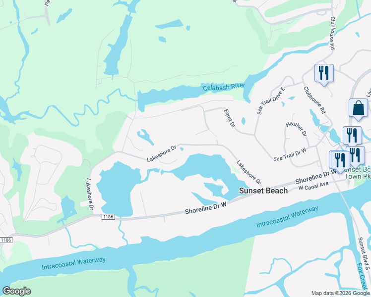 map of restaurants, bars, coffee shops, grocery stores, and more near 445 Lakeshore Drive in Sunset Beach