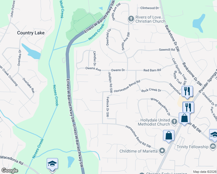 map of restaurants, bars, coffee shops, grocery stores, and more near 2810 Phillips Road Southwest in Marietta