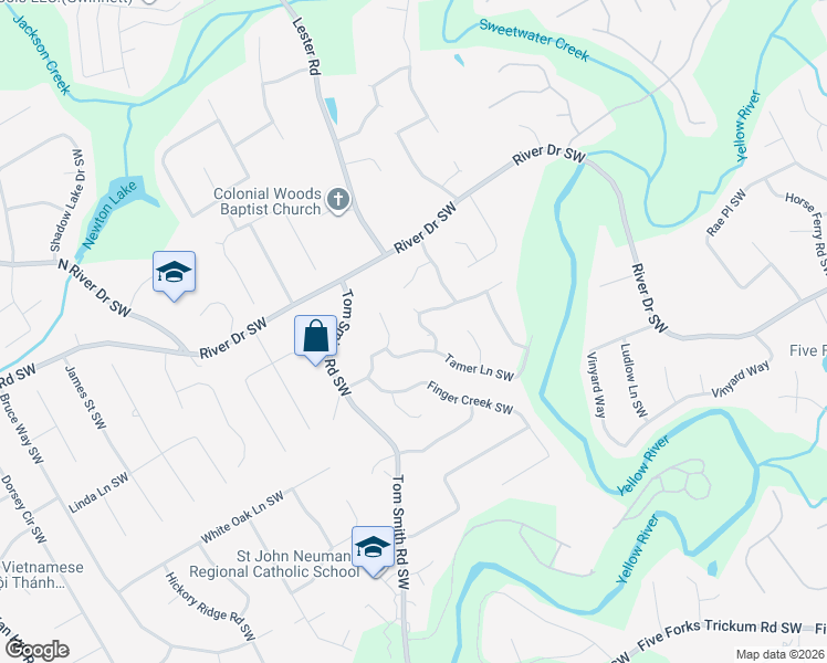 map of restaurants, bars, coffee shops, grocery stores, and more near 535 Honeydew Lane Southwest in Lilburn