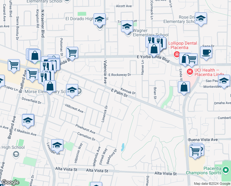 map of restaurants, bars, coffee shops, grocery stores, and more near 1279 Genoa Place in Placentia