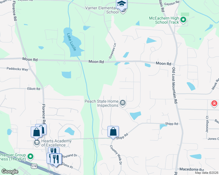 map of restaurants, bars, coffee shops, grocery stores, and more near 4861 Moon Road in Powder Springs