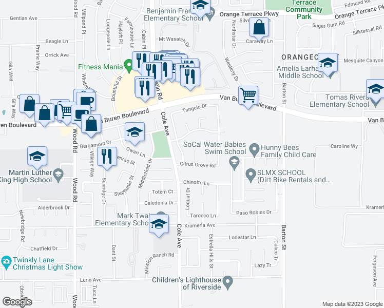 map of restaurants, bars, coffee shops, grocery stores, and more near 9155 Shaddock Circle in Riverside