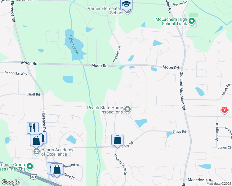 map of restaurants, bars, coffee shops, grocery stores, and more near 4861 Moon Road in Powder Springs
