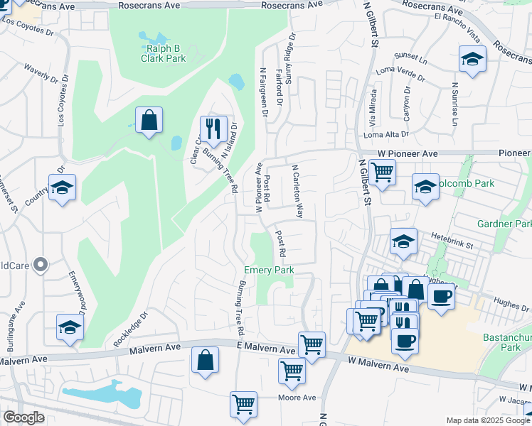 map of restaurants, bars, coffee shops, grocery stores, and more near 2654 Tarrytown Drive in Fullerton