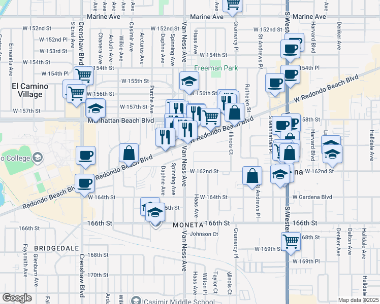 map of restaurants, bars, coffee shops, grocery stores, and more near 2136 West 160th Street in Torrance