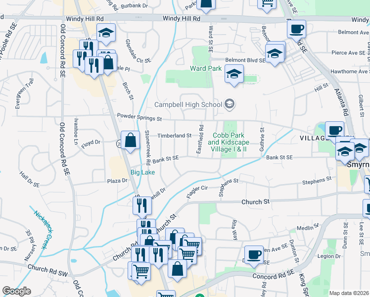 map of restaurants, bars, coffee shops, grocery stores, and more near 2804 Crestwood Road in Smyrna