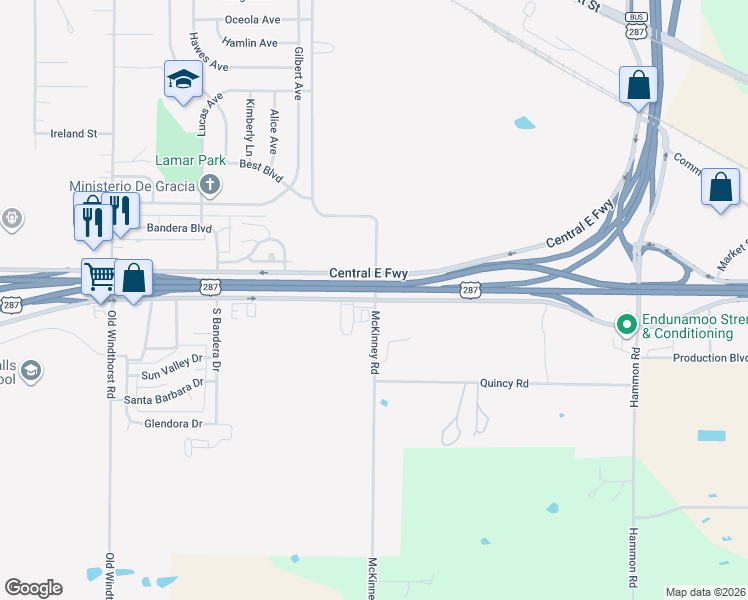 map of restaurants, bars, coffee shops, grocery stores, and more near 1999 Central East Freeway in Wichita Falls