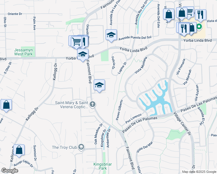 map of restaurants, bars, coffee shops, grocery stores, and more near 19862 Le Mans Circle in Yorba Linda