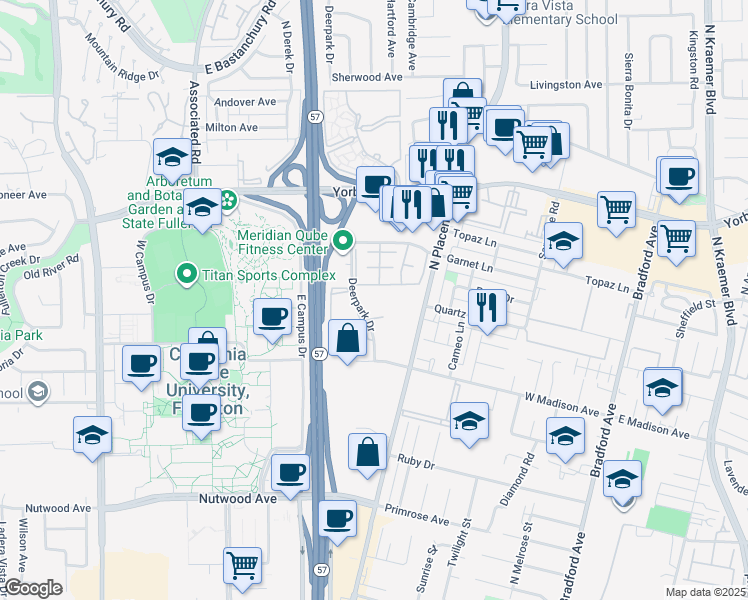 map of restaurants, bars, coffee shops, grocery stores, and more near 1398 Deerpark Drive in Fullerton