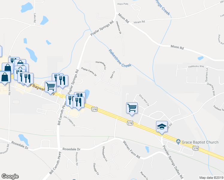 map of restaurants, bars, coffee shops, grocery stores, and more near 126 Saddle Horse Lane in Hiram