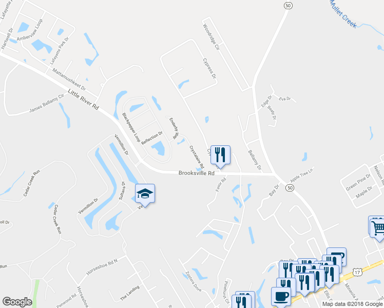 map of restaurants, bars, coffee shops, grocery stores, and more near 521 Crystalaire Road in Little River