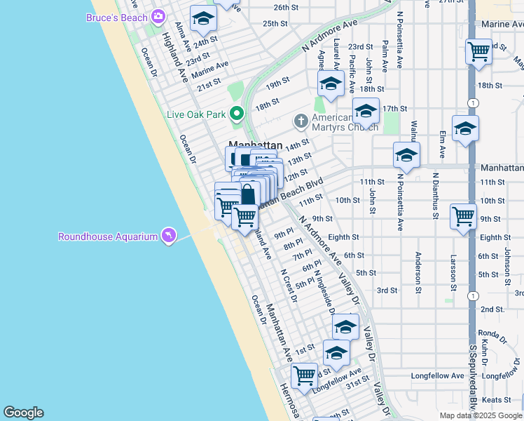 map of restaurants, bars, coffee shops, grocery stores, and more near 1035 North Morningside Drive in Manhattan Beach