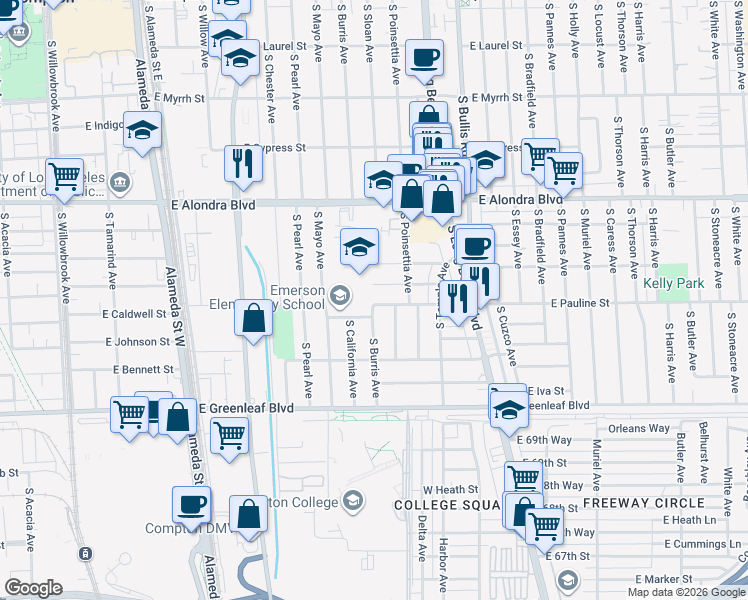 map of restaurants, bars, coffee shops, grocery stores, and more near 1101 East Caldwell Street in Compton