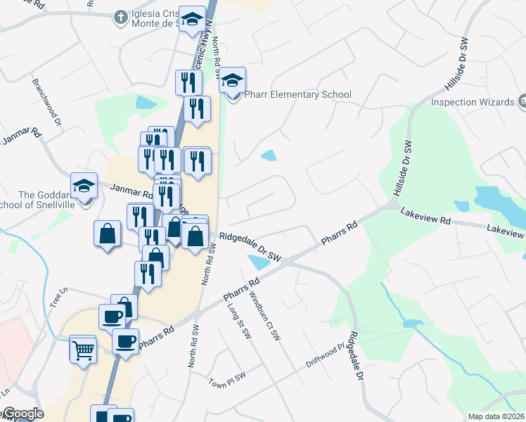 map of restaurants, bars, coffee shops, grocery stores, and more near 1690 Woodberry Run Dr in Snellville