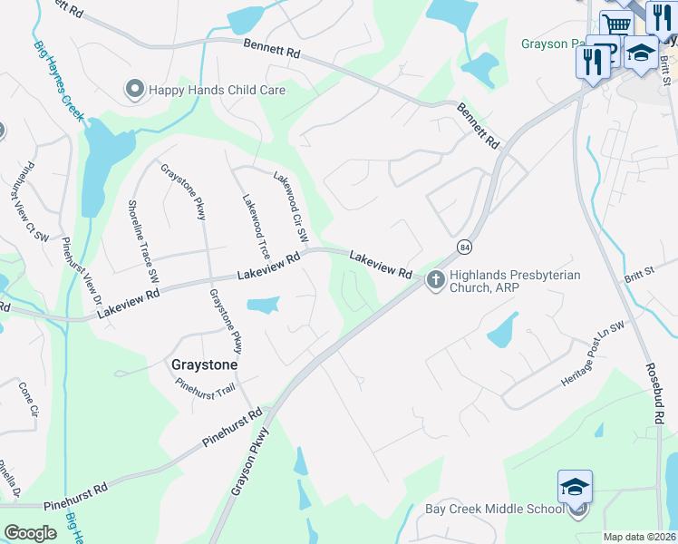 map of restaurants, bars, coffee shops, grocery stores, and more near 934 Lakeview Road in Grayson