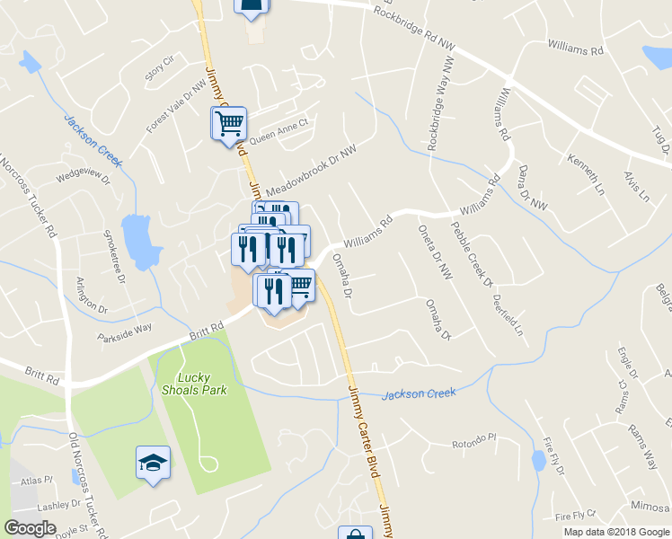 map of restaurants, bars, coffee shops, grocery stores, and more near 829 Omaha Drive in Norcross
