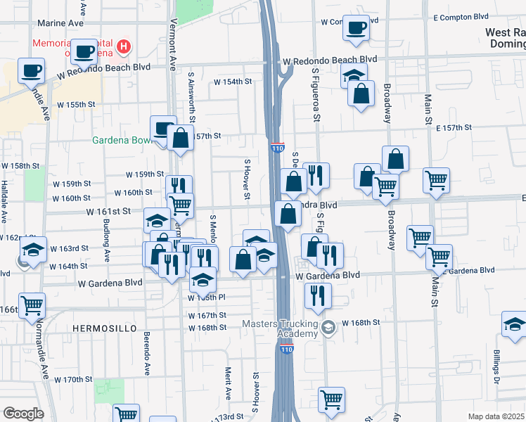 map of restaurants, bars, coffee shops, grocery stores, and more near 624 West Alondra Boulevard in Gardena
