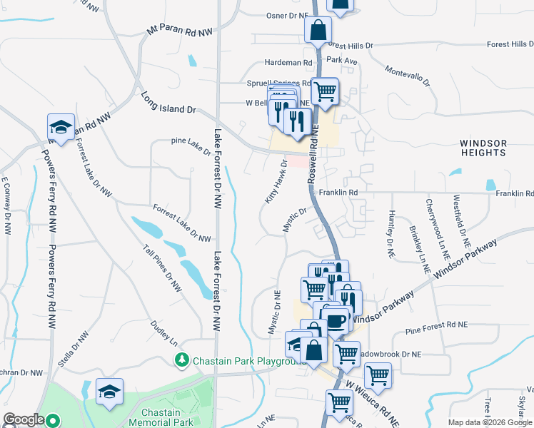 map of restaurants, bars, coffee shops, grocery stores, and more near 4775 Kitty Hawk Drive in Atlanta