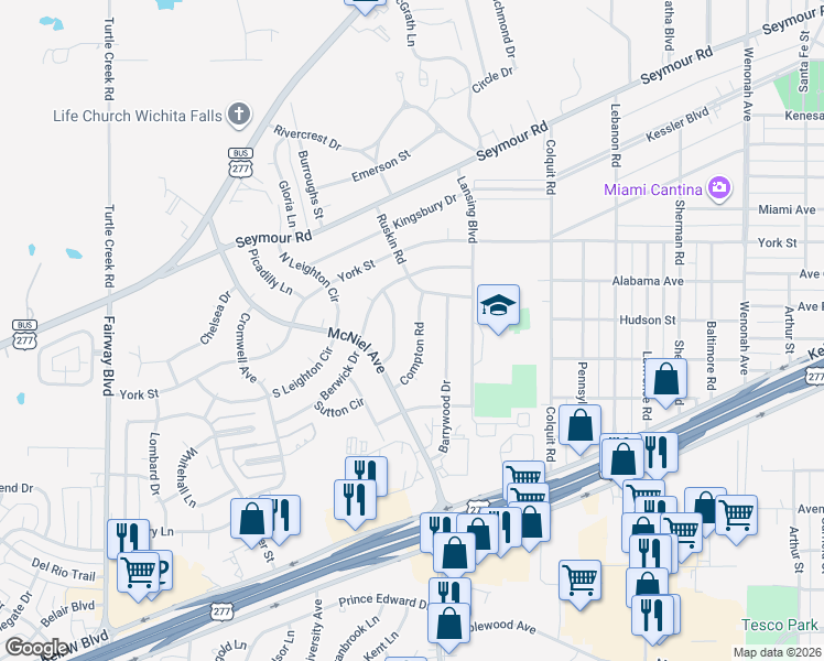 map of restaurants, bars, coffee shops, grocery stores, and more near 2808 Compton Road in Wichita Falls