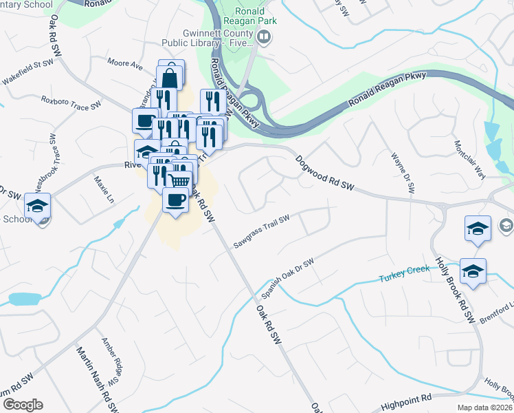 map of restaurants, bars, coffee shops, grocery stores, and more near 3060 Dominion Walk Lane in Snellville