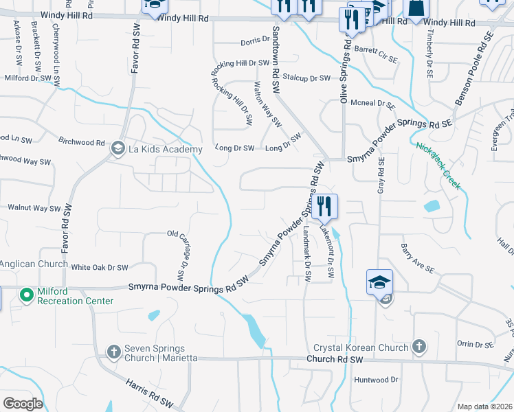 map of restaurants, bars, coffee shops, grocery stores, and more near 2764 Northwood Court in Marietta