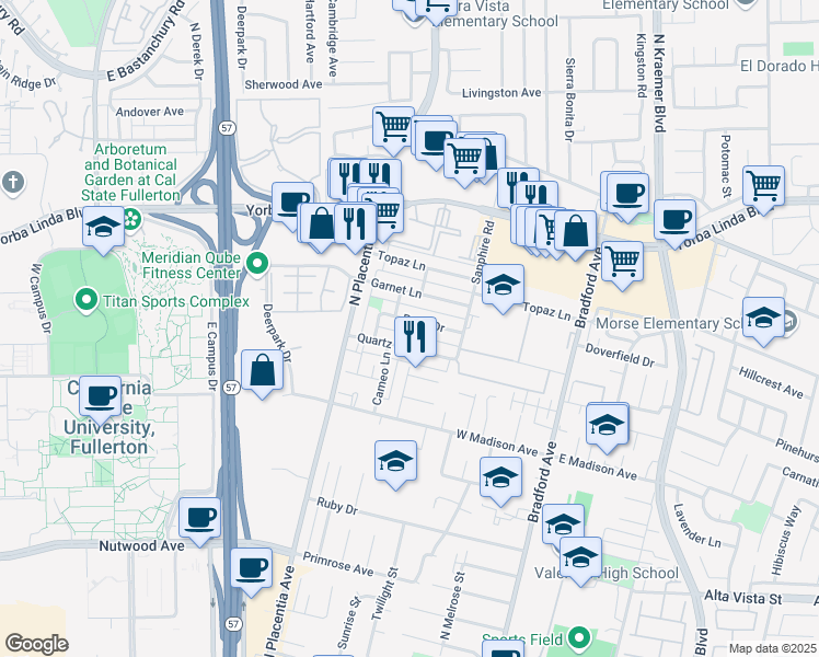 map of restaurants, bars, coffee shops, grocery stores, and more near 3124 Pearl Drive in Fullerton
