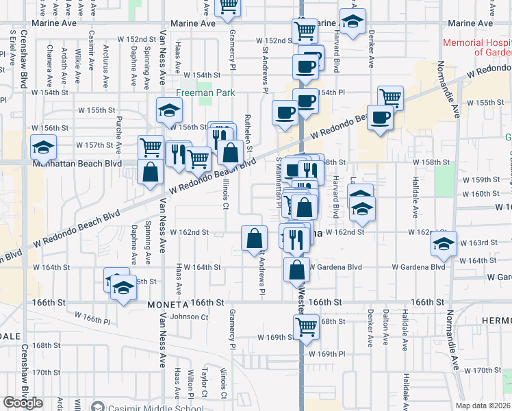 map of restaurants, bars, coffee shops, grocery stores, and more near 16008 Saint Andrews Place in Gardena