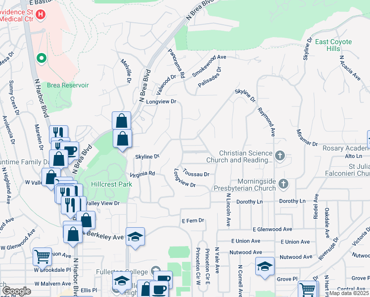 map of restaurants, bars, coffee shops, grocery stores, and more near 701 Miramar Drive in Fullerton