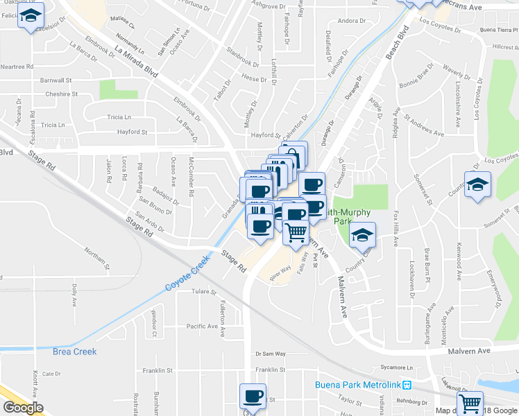 map of restaurants, bars, coffee shops, grocery stores, and more near 5301 Beach Boulevard in Buena Park