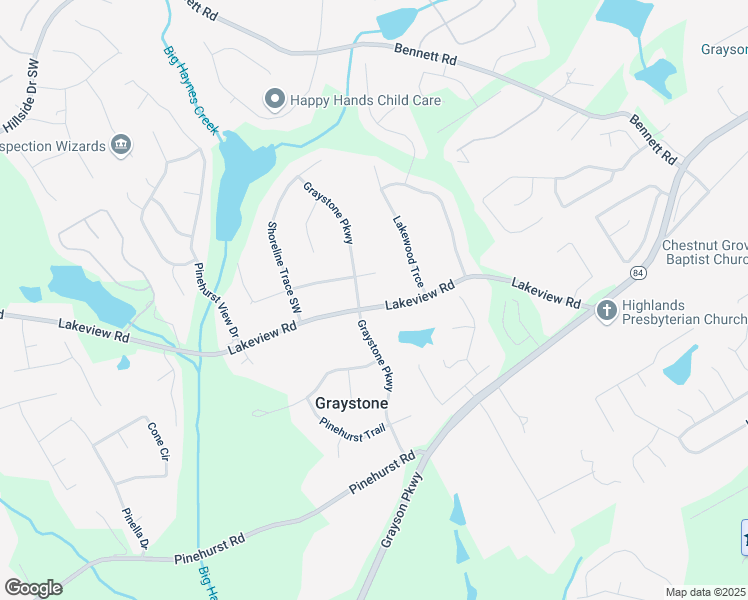 map of restaurants, bars, coffee shops, grocery stores, and more near 1039 Lakeview Road in Grayson