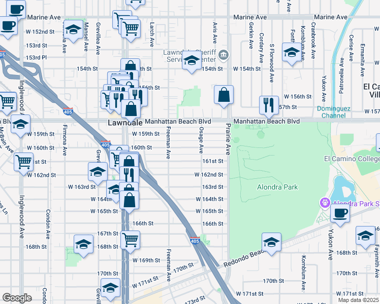 map of restaurants, bars, coffee shops, grocery stores, and more near 4124 160th Street in Lawndale