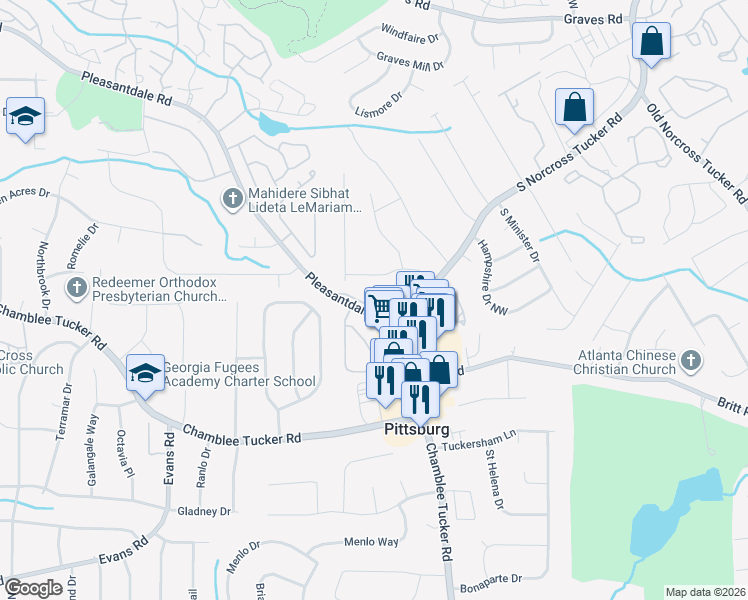 map of restaurants, bars, coffee shops, grocery stores, and more near 227 Bentley Place in Tucker