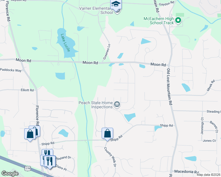 map of restaurants, bars, coffee shops, grocery stores, and more near 4713 Fountainwood Drive Southwest in Powder Springs