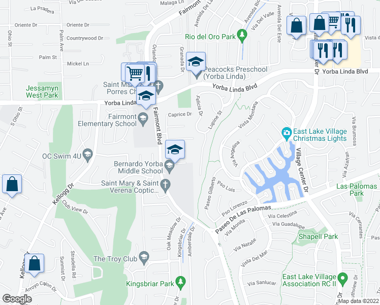 map of restaurants, bars, coffee shops, grocery stores, and more near 19862 Le Mans Circle in Yorba Linda