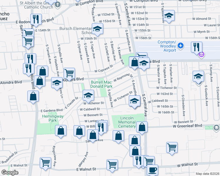 map of restaurants, bars, coffee shops, grocery stores, and more near 1012 South Aprilia Avenue in Compton