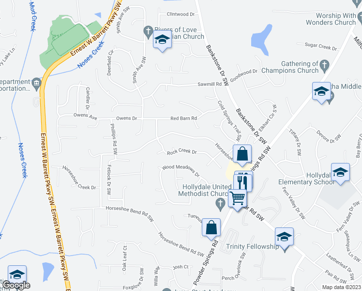 map of restaurants, bars, coffee shops, grocery stores, and more near 2390 Rock Creek Drive in Marietta