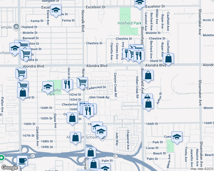 map of restaurants, bars, coffee shops, grocery stores, and more near 16042 Clearbrook Lane in Cerritos