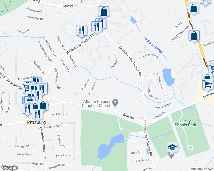 map of restaurants, bars, coffee shops, grocery stores, and more near 1127 Sanford's Walk Northwest in Tucker