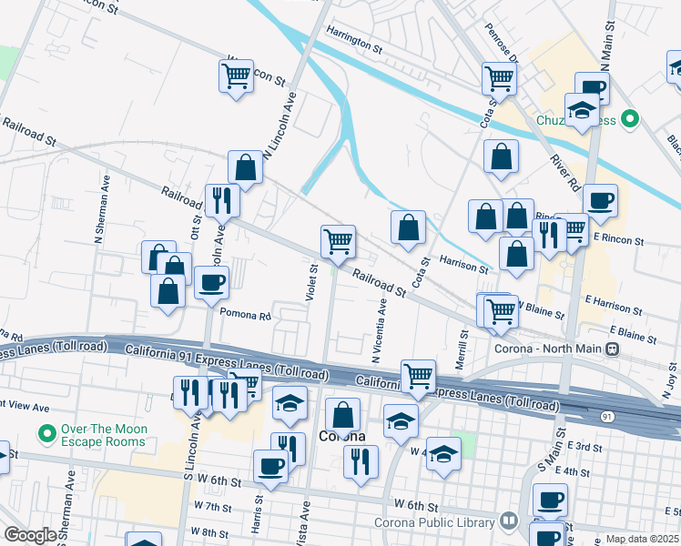 map of restaurants, bars, coffee shops, grocery stores, and more near 852 Railroad Street in Corona