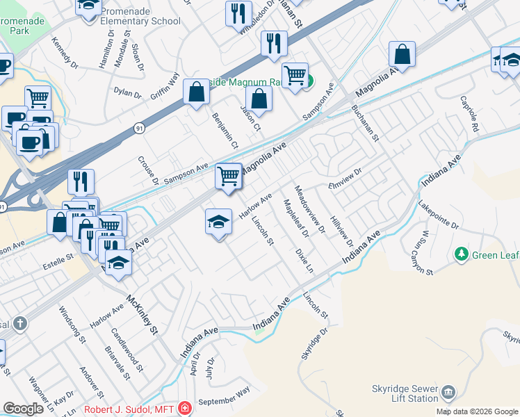 map of restaurants, bars, coffee shops, grocery stores, and more near 12680 Harlow Avenue in Riverside