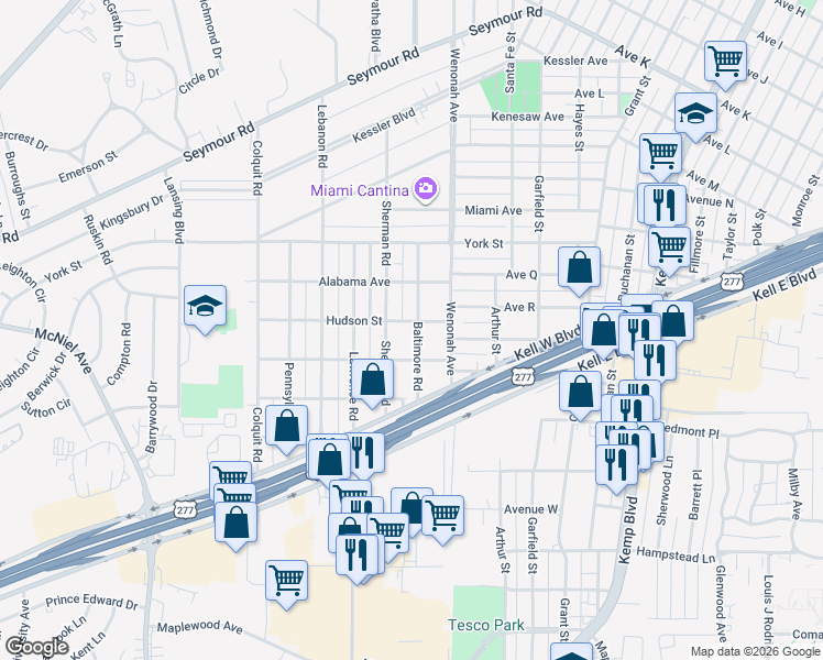 map of restaurants, bars, coffee shops, grocery stores, and more near 2807 Sherman Road in Wichita Falls
