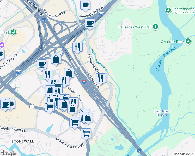 map of restaurants, bars, coffee shops, grocery stores, and more near Cumberland Blvd SE in Atlanta